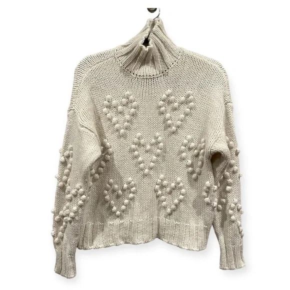 Aqua Bauble Pom Pom Heart Knit Turtleneck Sweater Cream XS - Picture 1 of 7